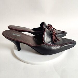 Nicole Mules Size 8.5 Kitten Heel Y2K 90s Pointy Toe Black Leather  Bow Coquette